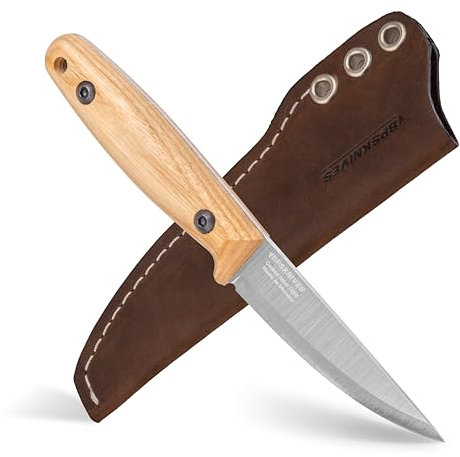 BPS Knives Finn Lite - Cuchillo Puukko - Cuchillo de hoja fija de acero al carbono con funda de cuero - Cuchillo pequeño de espiga completa - Cuchillos de campamento - Cuchillo de campamento escandina