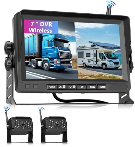 VECHTEL 1080P trådlös backkamera med 7 tum IPS-skärm, DVR+2 bilbakkamera, IP68, nattsyn, DIY-riktlinjer, för lastbil, buss, skåpbil, SUV, pickup