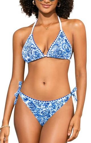 SHEKINI Womens Bikini Set Triangle Halter Tie Side Two Piece Swimsuit | Triangle halter bikini set with adjustable ties