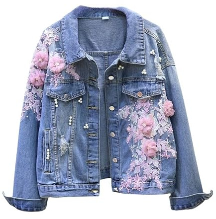WLLDDDIU Cazadora Vaquera Mujer,Chaquetas de Mezclilla para Mujer, Elegantes Chaquetas de Mezclilla Cortas con Bordado de Flores, Abrigo Clásico de Motociclista con Solapa y Botones con Bolsillos,