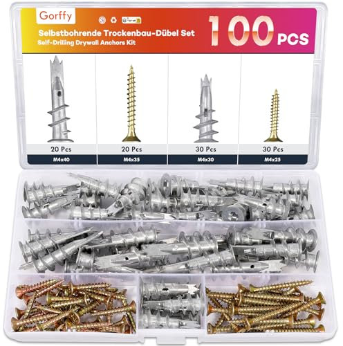 Gorffy 100PCS Self Drilling Plasterboard Fixings, M4 Heavy Duty Plasterboard Fixings, Metal Wall Plugs Drywall Screws, Self Drilling Drywall Anchors and Screws for Plaster Boards, Composite Boards