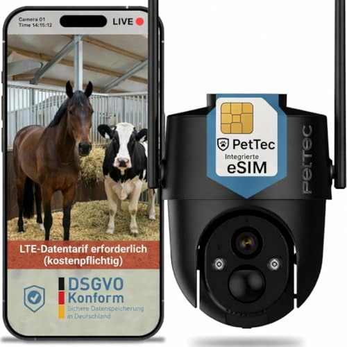 PetTec Pet Cam Free'n 360 4G LTE Telecamera di Sorveglianza nera [SENZA TRAPPOLA DI ABBONAMENTO] con Batteria & Funzione Pan&Tilt - Telecamera per Esterni 3MP Ultravision, Rilevazione del Movimento