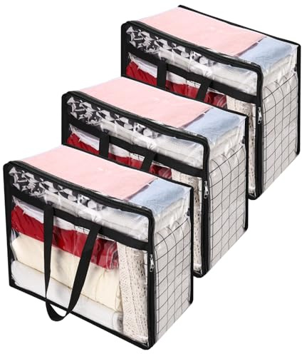 Cexovo 3 bolsas de almacenamiento de plástico transparente, para ropa, 40 L, organizador, con cremallera, asa, para edredones, ropa, ropa de cama, para mudanzas, resistente al agua