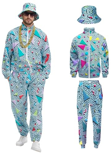 rumnigh Completo Anni 80 e 90 da Uomo Stile Hip Hop Retrò, Completo Sportivo Anni 80 Include Giacca, Pantaloni e Berretto Adatto per Halloween e Carnevale, Verde, M