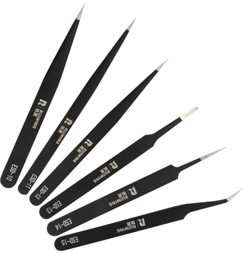 6PCS Precision Tweezers Set, ESD Anti-Static Heavy-Duty Stainless Steel Electronic Tweezers for Electronics Repair, Laboratory, Soldering, Jewelry Making Tools Straight & Curved Tips, Precision Tools