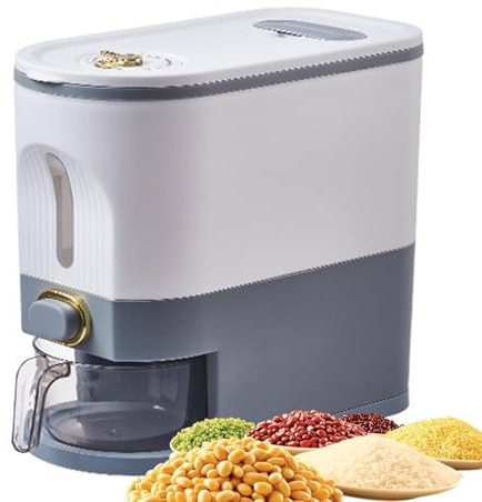Dispensador de arroz: contenedor de almacenamiento de granos a prueba de fugas, organizador de cereales hermético | Contenedor de alimentos para el hogar con taza de medición, tapa del puntero de tiem