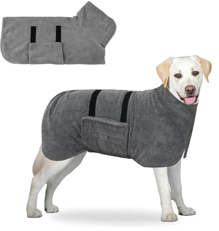 Accappatoio Cane, Accappatoio per Cani in Microfibra con Velcro, Morbido Regolabile Dog Bathrobe, Accappatoios per Animali Super Assorbente, Asciugatura Rapida, Cani di Taglia Media, Grigio