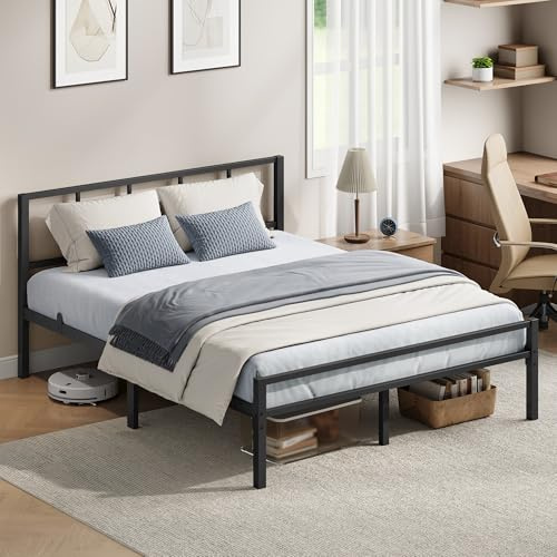 VASAGLE Cadre de Lit 140 x 190 cm avec Sommier, Tête de Lit, en Métal, Supporte Jusqu'à 500 kg, Montage Facile, pour Chambre, Noir d'encre RMB293B101 | Supporte Jusqu'à 500 kg, Montage Facile, pour Chambre, Noir mat, Collection CONNER RMB293B101