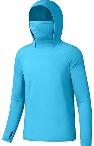 DRONIRING Boys Hooded Fishing Shirt with Mask, Kids UPF 50+ Long Sleeve Rash Guard Hoodie, Sun Protection Beach Swim Shirts Light Blue