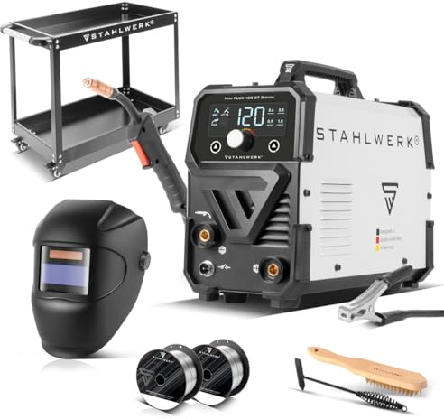 STAHLWERK Soldadora Mini FLUX 120 ST Digital – Equipo completo con carro – Soldadura con hilo hueco (FLUX) sin gas hasta 120 A, avance de hilo sinérgico, LED, función Lift-TIG & MMA (Electrodo)