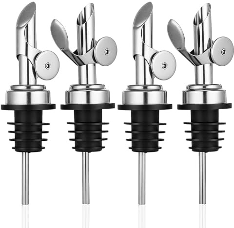 HSUYUN 4 Piezas Vertedor de Aceite de Oliva, Vertedores de Botellas Acero Inoxidable 304, Plata Boquillas para Botellas de Vino con Tapa de Apertura y Cierre Automático, para Aceite, Vinagre, Vino