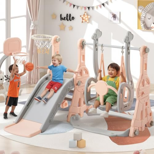 Tobogán 4 en 1 para bebé, tobogán para niños al aire libre interior con un columpio, un tobogán, una escalera y una cesta de baloncesto, columpio tobogán independiente (rosa)
