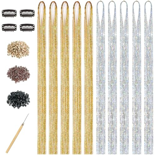 Hair Tinsel Kit for Girls, 10 Pcs 4200 Strands Fairy Tinsel Hair Extensions Holographic Hair Tinsel Heat Resistant Colored Hair Glitter Christmas Party Festival (Gold+Sliver)