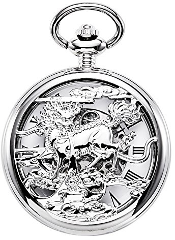 TREEWETO Orologio da tasca unisex con catena analogica a carica manuale, unicorno Kylin scheletro argento
