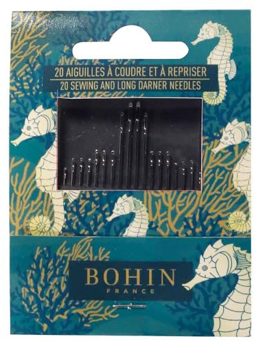 BOHIN France Juego de Agujas con Tema Marino - Diseño de Caballito de Mar, Agujas Niqueladas para Costura y Zurcido en Proyectos de Costura Manual, Acero - 20 Agujas