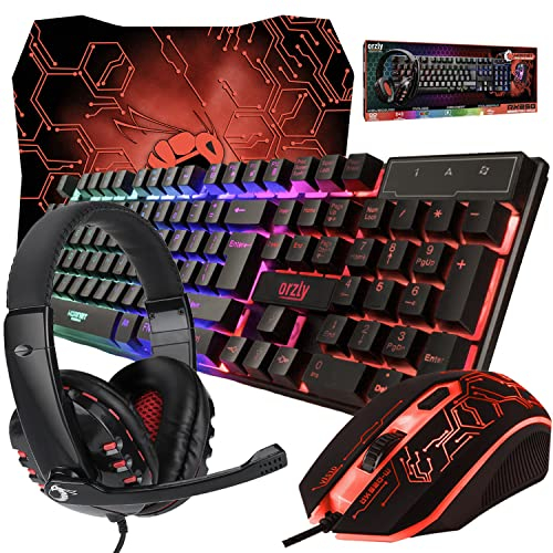 Orzly Kit de Jeu Rx250 4 en 1 composé d’Un Clavier rétroéclairé RVB [Disposition AZERTY] d’Une Souris [jusqu'à 3200 DPI] d’Un Casque de Jeu et d’Un Tapis de Souris Grand Format pour PC, Xbox, PS4