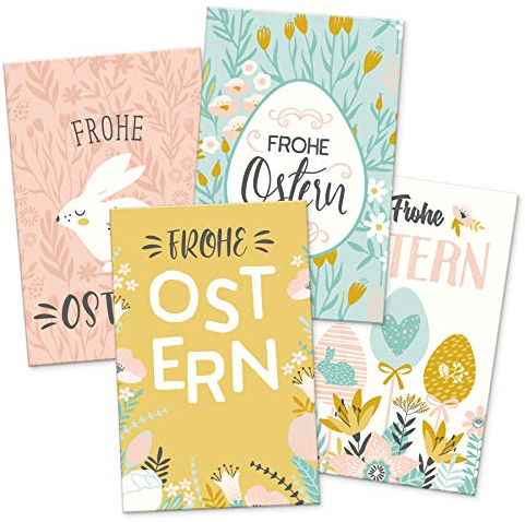 itenga 24 x Geschenkekärtchen Frohe Ostern im Visitenkartenformat Mini Osterkarte pastell 4 Motive Geschenkanhänger für kurze Texte Namensschild