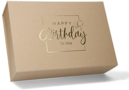 Premium Geschenkbox Geburtstag, Geschenkkarton, Magnetbox, Magnetfaltbox, Geschenkverpackung für Geburtstag mit Schriftzug, 33x22x10cm, Natur mit Gold