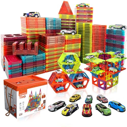 BUBUQE Magnetic Tiles Parking Building Playset with 10 Pull-Back Metal Cars for Kids Construction STEM Toy Preschool Creativity Learning Birthday Gift for Girls Boys Toddlers 3 4 5 6 7 8