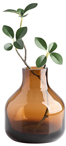 Torre & Tagus Solid Color Round Art Glass Vase for Flowers - 5 Tall Unique Flower Vase, Clear Handmade Bottle Vase for Home Decor, Bud Vase as Decorative Shelf Decor or Wedding Gift, Amber Orange