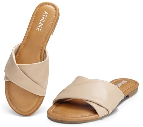 ATHMILE Sandals Women Dressy Summer Flat Comfortable Fashion Beach Cute Ladies Slides Leather Casual Dress Women's Sandals 2025 Beige Size 9