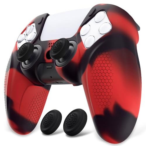 playvital Coque Manette pour ps5 Housse Protection avec 2 Capuchon Joystick pour ps5 Controller Cover Skin Cache Silicone,Édition Ninja-Rouge & Noir