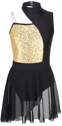 Miaeowve Vestido de ballet para niñas con lentejuelas brillantes, vestido de danza sin mangas, maillot de ballet asimétrico con falda envolvente de gasa, ropa de danza, dorado, 158-164