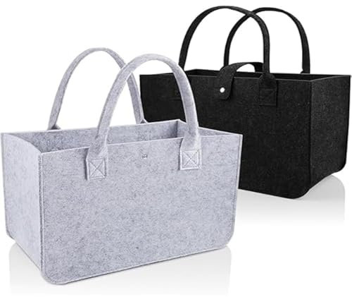 Cerkkapo 2Stk Filztasche Groß, 20L Filztaschen Shopper, 39x26x20cm Filztasche, Filz Tasche Faltbar Einkaufstasche Filz, Holzkorb für Kaminholz, Kaminholzkorb, Robuste Filzkorb mit Griffen