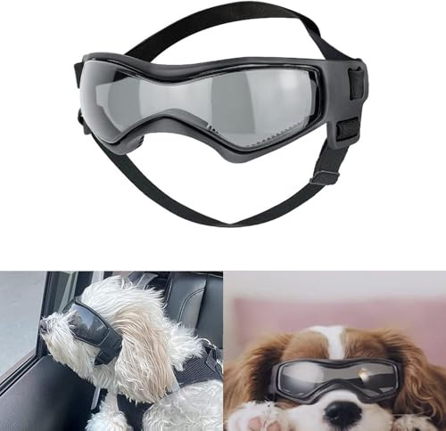 Voarge Occhiali da sole per cani, occhiali protettivi UV, occhiali da sole con fascia elastica regolabile, antivento per cani, occhiali da moto, nero, taglia S