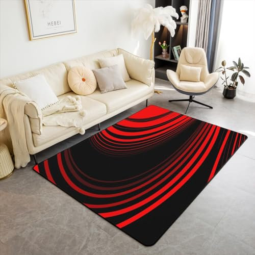 Loussiesd Rot Schwarz Teppich Kinder Streifen Modern Teppich Abstrakte geometrische Wohnzimmerteppich für Frauen Modern gestreift 100x150cm