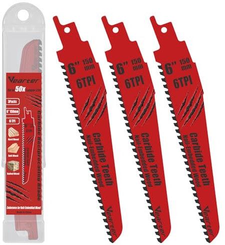 Vearter Lame per sega alternativa, 150 mm, 3 pezzi, in carburo 6TPI, lame per sega reciproca per taglio di legno duro, potatura inchiodata del legno