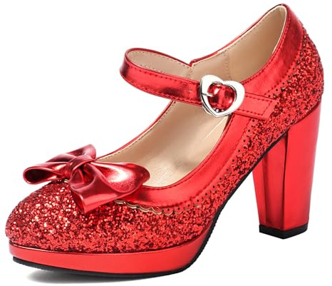 Gicoiz Women Block High Heels Platform Glitter Mary Jane Bow Shoes Elegant Round Toe Party Ankle Strap Bridal Pumps Chunky Red Size 7-41