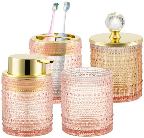 Nymblis Bathroom Accessory Set, 4Pcs Glass Bathroom Accessories Set of Soap Dispenser, Toothbrush Holder, Tumbler and Cotton Swab Jars, Luxury Decorations for Home Apartment, Vintage Gift