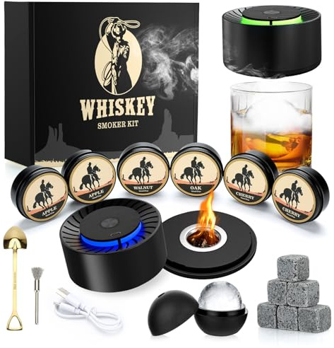 Set di affumicatori elettrici per whisky – 6 trucioli di legno, 6 pietre per whisky, forma di palla di ghiaccio, set di affumicatori ricaricabili, kit per cocktail smoker per bourbon, regalo per papà