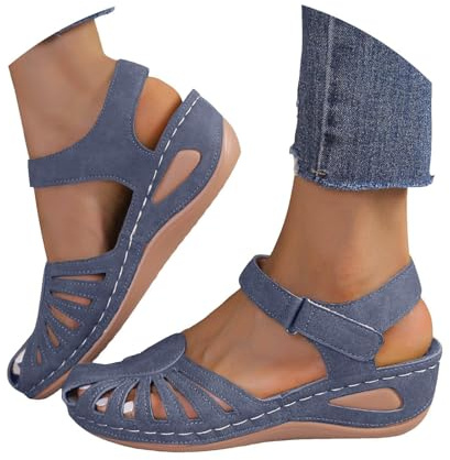 Blue Women's Sandals Closed Toe Uk 2026,Arch Support Closed Toe Wedge Sandal Hollow Out Ankle Strap Comfortable Vintage Summer Slippers Casual Outdoor Dressy Gladiator Flip Flops Beach Shoes