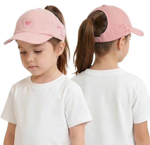 IPENNY Girls High Ponytail Baseball Cap 50 UPF Sun Hat Kids Trucker Hat Adjustable Snapback Cap Summer Peaked Visor Cap for Beach Camp Cycling Sports Sun Protection,3-8 Yrs (Pink)