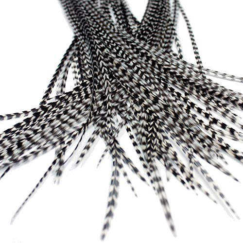 20 extensiones de cabello de pluma real: corto y delgado 18 – 23 cm + anillos/broche (Grizzly)