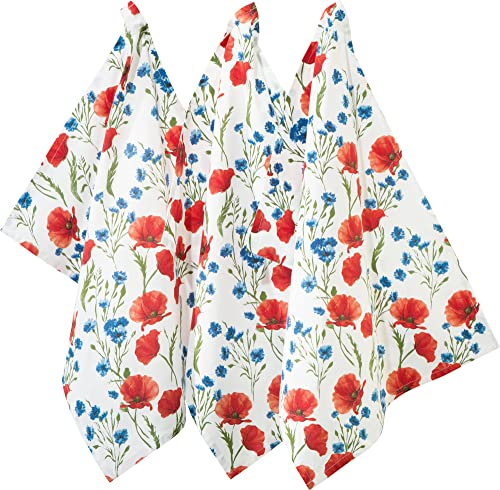 REDBEST Geschirrtuch, Trockentuch Mohnblume 3er- Pack, 100% Baumwolle Größe Mohnblume Größe 50x70 cm - robustes, glattes Gewebe, besonders saugstark, langlebig, mit Aufhängung