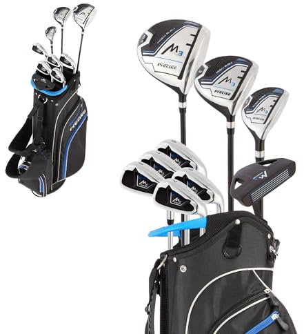 Precise M3 Men’s 14-Piece Golf Set – 460cc Driver, Wood, Hybrid, 6-PW Irons, Putter, Stand Bag, 3 Headcovers and Cover - RH - Blue - Regular Size
