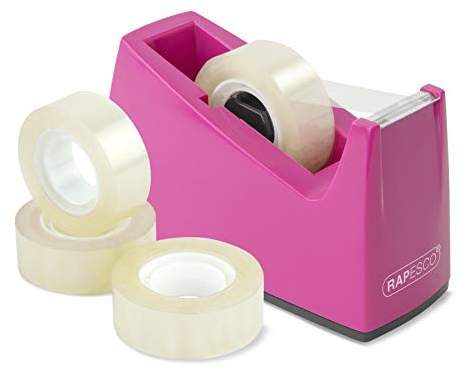 Rapesco 1621 300 Tape Dispenser for Rolls with 1 (25 mm) Core, Includes 4 Tape Rolls, Hot Pink