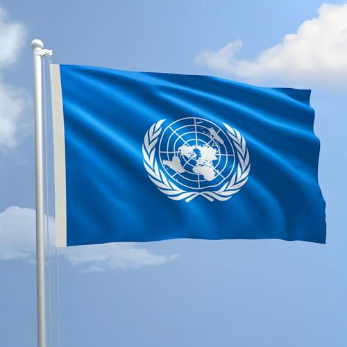 Bandiera ONU 150x220 cm in poliestere NAUTICO 115 gr/mq con doppia piega perimetrale, corda e guaina. Adatta sia IN/OUT DOOR