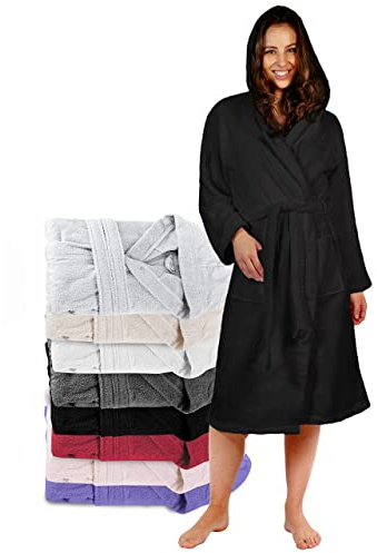 Twinzen Dambadrock med huva i Oeko-Tex-certifierad frotté - 2 fickor, bälte - Morgonrock - för att komma ur duschen, absorberande och bekväm