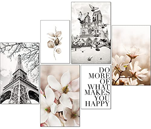 artpin® Modernt affischset – bilder vardagsrum dekoration sovrum – Paris blommor svartvit beige bildvägg utan ram (4 x A4 | 2 x A5) W14