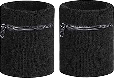 Voarge 2 Stück Schweißband mit Reißverschluss, Wrist Wallet Gym Zipper Schweißband Wristband Wrist Wallet Pouch Sport-Armband, Tasche für Outdoor, Multi-Sport, Tennis, Fitness, Schwarz