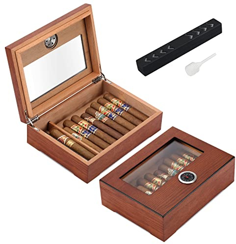 TISFA Cigarrhumidor, glasskiva cigarrlåda med hygrometer luftfuktare och avdelare, skrivbord cederträ förvaringsfodral rymmer 20–30 cigarrer (brun)