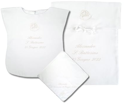Coccole - Set 3 Pezzi per Battesimo Fazzoletto, Vestina e Busta - Set Completo Personalizzato con Nome e Data a Tema Angioletto Panna - Kit 3 Pezzi Battesimo in Tessuto Piquet 100% Made in Italy