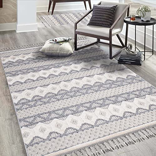 Teppich Wohnzimmer Boho-Stil Graublau - 120x170 cm - Geometrisches Muster - Relief-Optik, 3D-Effekt - Cut-&Loop, Sisal - Moderne Fransen-Teppiche Schlafzimmer