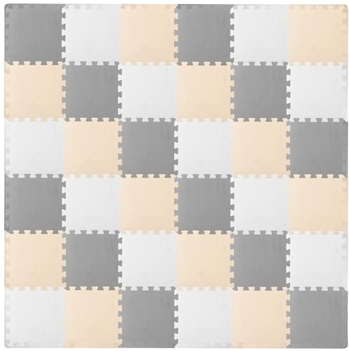 ProSource Foam Puzzle Floor Play Mat for Kids and Babies with Solid Colors, 36 or 16 Interlocking Tiles with Borders, White/Grey/Beige