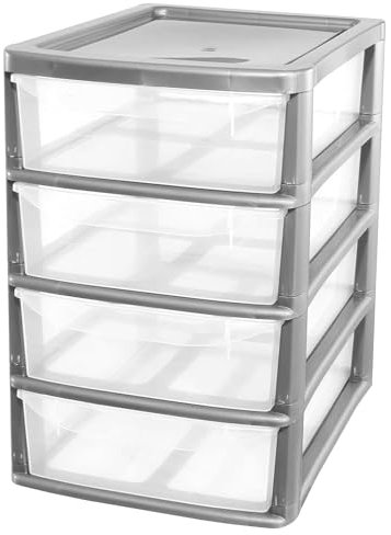 Silver A4 Plastic Storage Tower Unit Table Top Organiser With 4 Pull Out Drawers For Schools, Home & Office