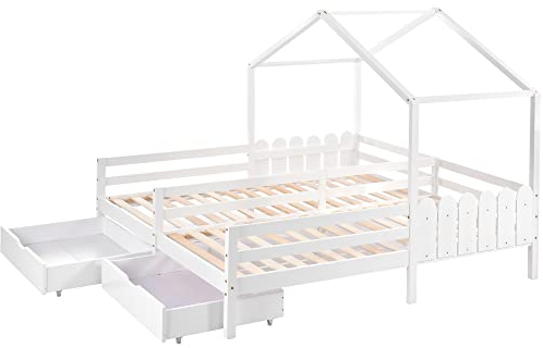 Hausbett, Kinderbett, Doppelbett, Gitterbett mit 2 MDF-Schubladen, Schubladen auf Rollen, Lattenrost aus Kiefer, weiß (200x90cm)